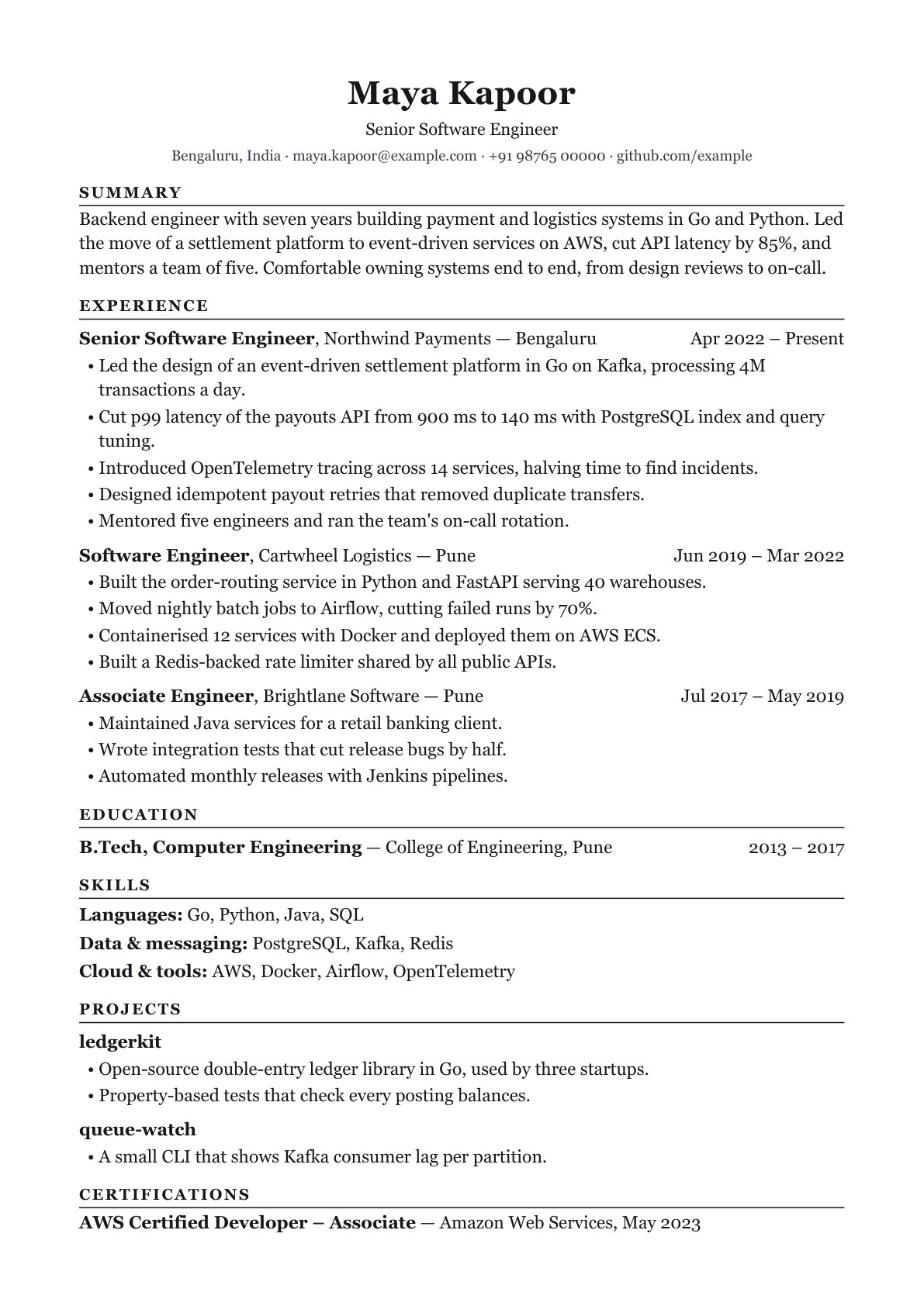 The Classic template, with a sample resume