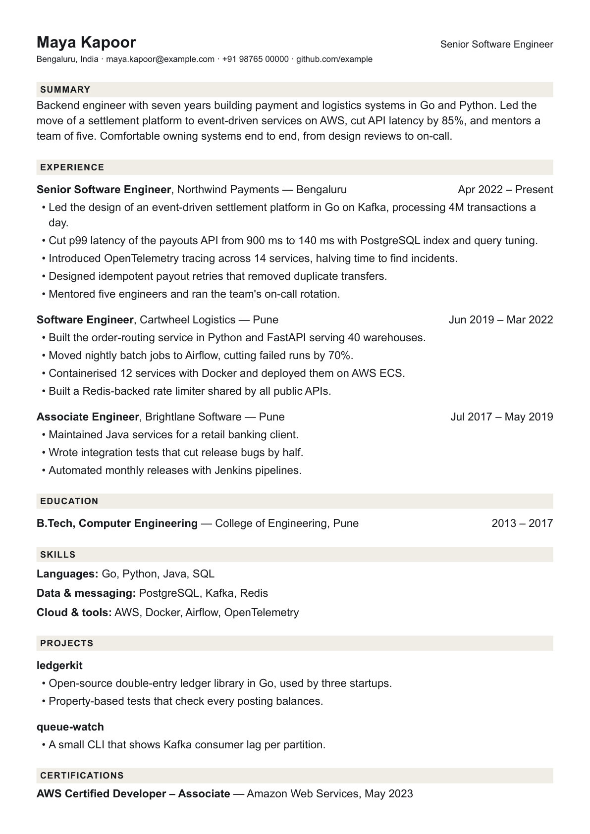 The Compact template, with a sample resume