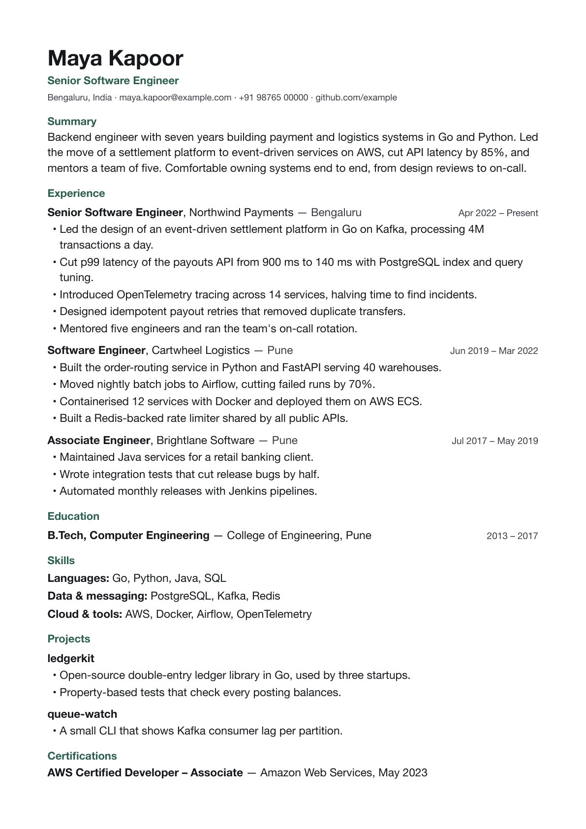The Modern template, with a sample resume